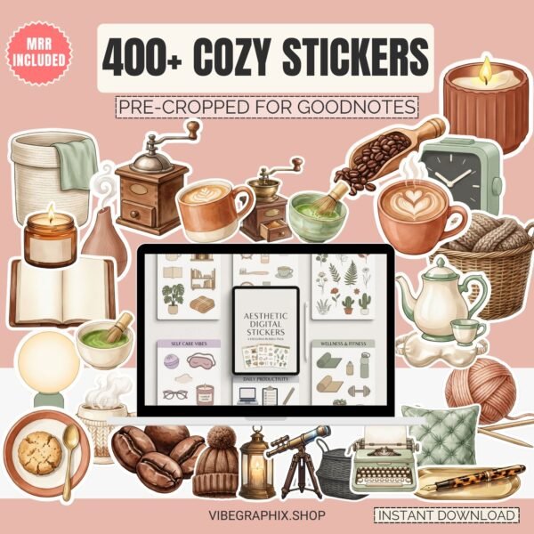 400+ Aesthetic Cozy Digital Stickers Bundle | Pre-Cropped for GoodNotes & Planners | Master Resell Rights (MRR)