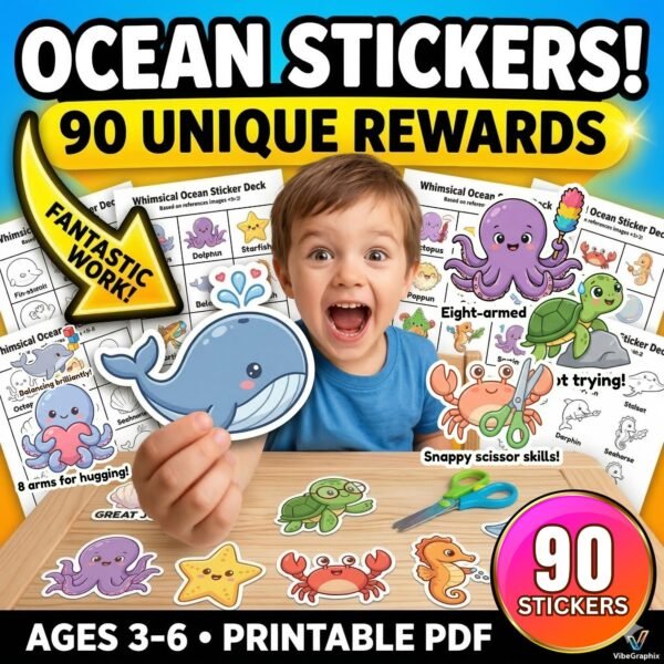 90 Whimsical Ocean Reward Stickers | Printable Motivational Decals for Kids (Ages 3-6) | Early Childhood Milestones