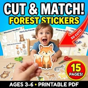 Whimsical Woodland Cut & Match Sticker Activity Book | 15 Printable Pages for Kids (Ages 3-6) | Instant Download